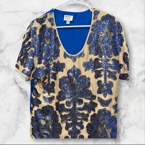 Nina Leonard Beaded Sequin Top Medium Blue Gold Floral Short Sleeve Party Blouse